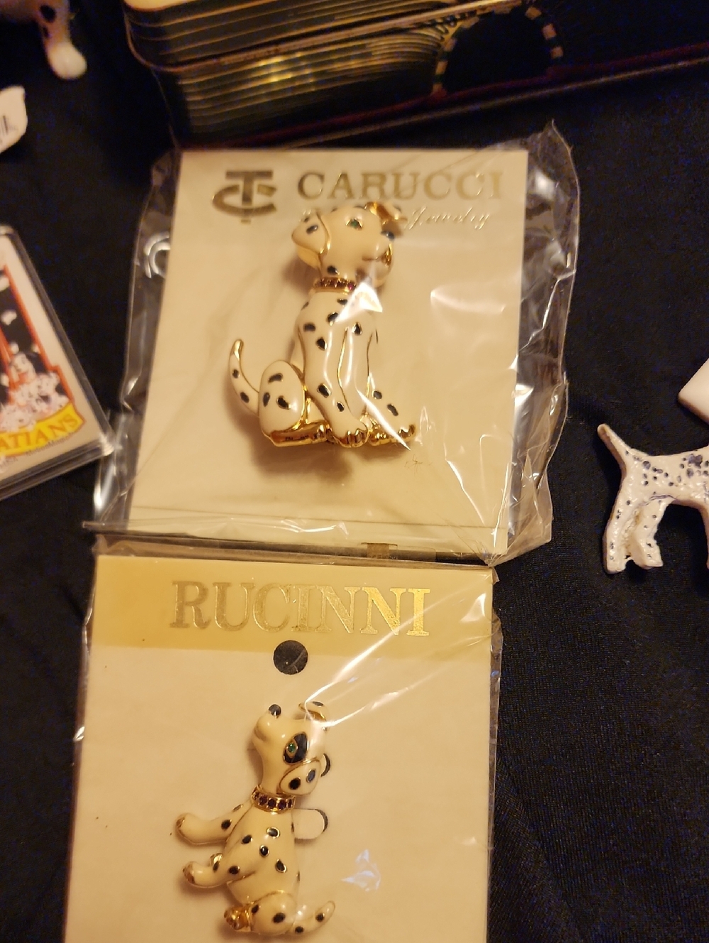 Carucci & Rucinni Dalmatian Enamel Brooches - Cream with Black Spots & Gold Trim